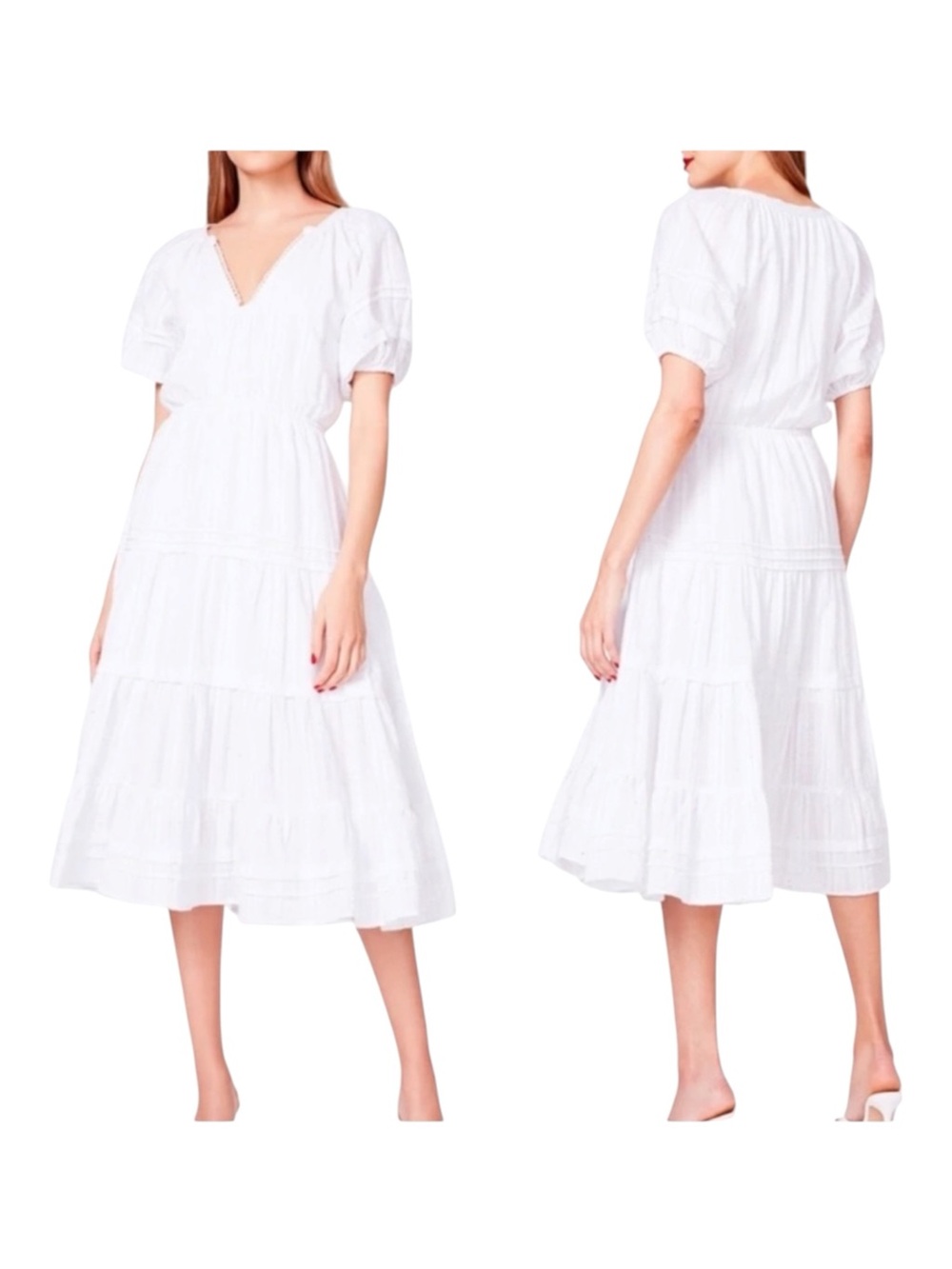 Betsey Johnson Midi Dress Spectator White Tiered Puff Sleeve Women’s Large NWOT